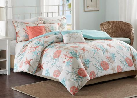 Pebble Beach Printed Cotton Sateen 6-Piece Duvet Cover Set by Madison Park Beach Theme Bedroom, Beach Comforter, Teal Comforter, Beach Bedding Sets, Coral Bedding, Beach House Bedroom, Green Comforter, Theme Bedroom, Coral Beach