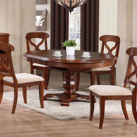 One Allium Way® Azura Extendable Cherry Veneer Solid Wood Pedestal Dining Table & Reviews | Wayfair Eat In Kitchen Table, Butterfly Leaf Table, Chic Dining Room, Modern Farmhouse Dining, Solid Wood Dining Set, Dining Furniture Sets, Wood Pedestal, Pedestal Dining Table, Chestnut Brown