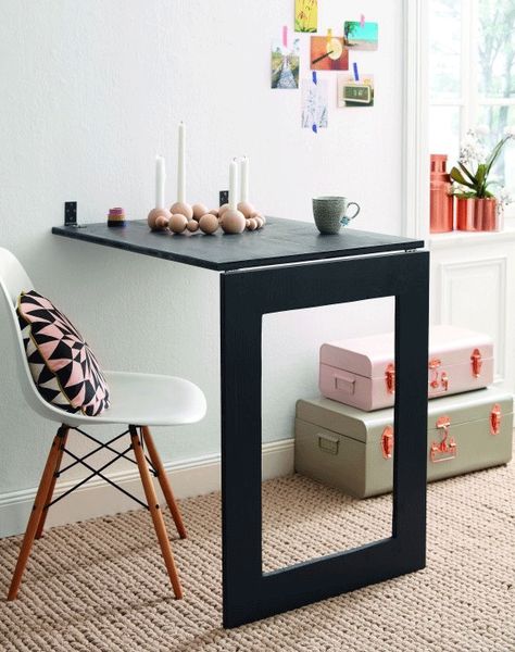 tiny-apartment-fold-out-wall-table Ikea For Small Spaces, Small Space Folding Table, Hidden Storage Ideas For Small Spaces, Wall Table Ideas, Small Home Hacks, Folding Table Diy, Hidden Table, Tiny Apartment Living, Design Tips And Tricks