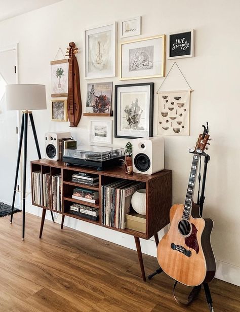 Gallery Wall With Vinyl Records, Tv And Record Player Setup, Kallax Record Player Stand, Modern Gallery Wall Living Room, Mid Century Modern Boho Living Room, Wall With Photos, Flower Gallery Wall, Record Player Setup, Mid Century Modern Gallery Wall