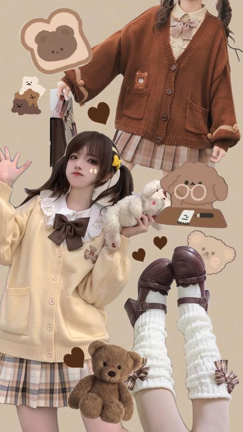 #brown #kawaii #kawaiifashion #kawaiiaesthetic #brownoutfit Bear Themed Outfit, Kawaii Brown Outfit, Kawaii Autumn Outfits, Kawaii Brown Aesthetic, Bear Aesthetic Outfit, Kawaii Fall Outfits, Cute Brown Outfits, Kawaii Core Outfit, Cookie Outfit