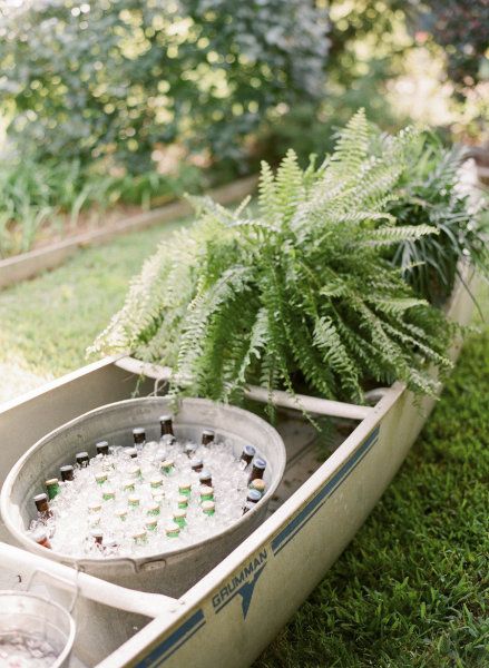 Canoe Cooler Wedding, Beer Canoe, Floral Ice Bucket, Canoe Wedding, Summer Hosting, Lake House Wedding, Marinated Lamb, Fiji Wedding, Floral Ice