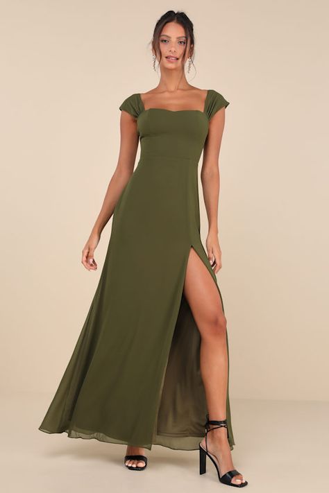 Magical Magnetism Olive Green Off-the-Shoulder Maxi Dress Olive Green Dress Outfit, Olive Dresses, Green Formal Dress, Olive Green Bridesmaid Dresses, Green Dress Outfit, Wedding Outfits For Women, Olive Green Dress, Green Cocktail Dress, Be Irresistible