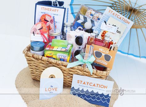 Staycation Printable Kit Easy Ideas for Fun at HOME Summer Gift Baskets, Auction Gift Basket Ideas, Auction Basket, Auction Baskets, Raffle Basket, Summer Staycation, Raffle Baskets, The Dating Divas, Dating Divas