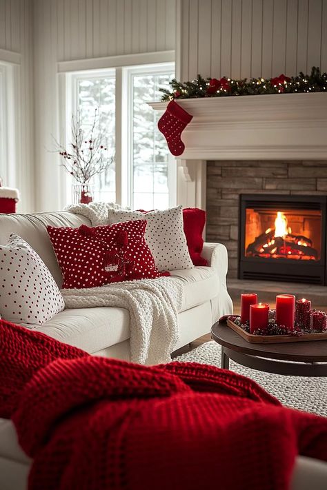 21 Best Red and White Christmas Decor Ideas 2024 48 Red Christmas Decor Living Rooms, All Red Christmas Tree Decorations, Red And White Christmas Decor, Red Living Room Decor, White Christmas Decor Ideas, White Table Settings, Christmas Cuties, Red Christmas Decor, Red And White Christmas