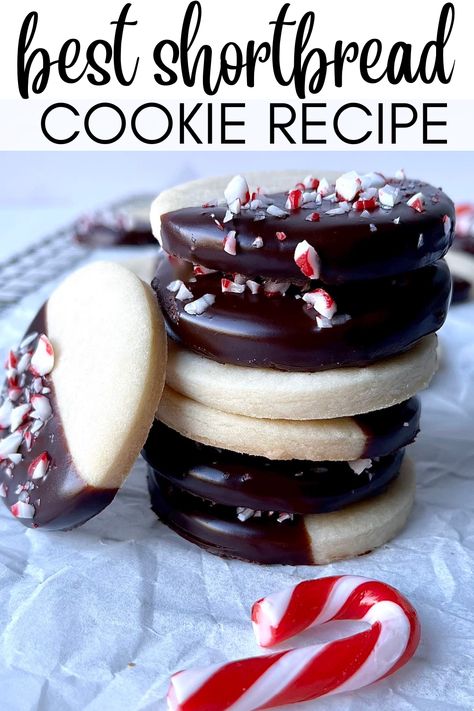 These easy and delicious chocolate dipped shortbread peppermint cookies are the most festive Christmas cookies for sharing with friends and family during the holiday season! Save these Christmas shortbread cookies for your baking list this year! Whipped Short Bread Cookies, Shortbread Dipped In Chocolate, Chocolate Covered Shortbread Cookies, Icebox Cookies Christmas, Shortbread Cookies Dipped In Chocolate, Boozy Cookies Christmas, Rolled Shortbread Cookies, Christmas Cookies Shortbread, Whipped Shortbread Cookies Christmas