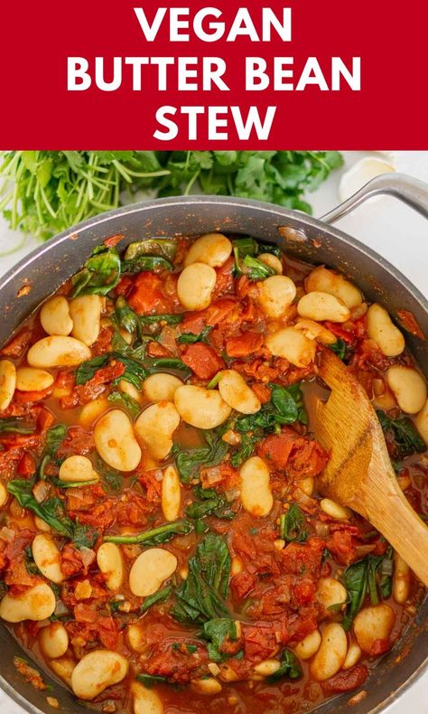 This Vegan Butter Bean Stew takes only 20 minutes to make and is loaded with flavorful, wholesome ingredients. Serve on its own or over rice for a hearty dinner. This vegan stew is gluten-free and has less than 10 ingredients, making it a great weeknight meal. Be sure to SAVE this vegan butter bean recipe. Butter Bean Stew, Bean Recipe, Vegan Stew, Bean Stew, Vegan Butter, Stew, Spinach, Rice, Butter