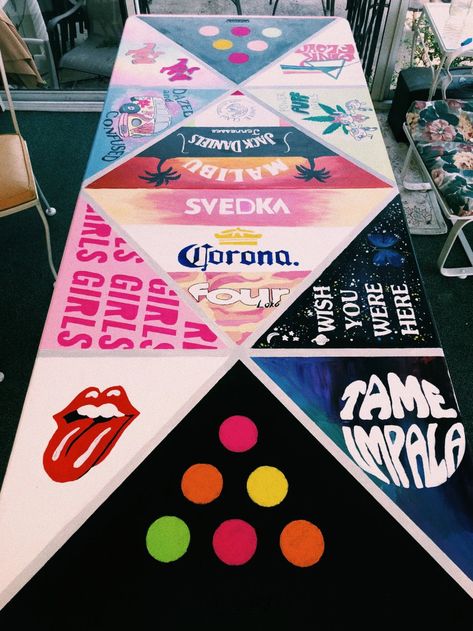 10 Designs To Paint On A Foldup Table For Your College House - Society19 Decorated Beer Pong Table, Decorated Pong Table, Ping Pong Table Painted Design, Alcohol Logos Pong Table, Ping Pong Table Painted, Beerpong Table, Bp Table, Cup Pong, Beer Pong Table Diy