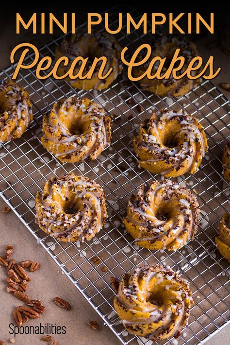 Mini Pumpkin Pecan Cakes | Perfect fall dessert and morning breakfast | Mini bundt cakes with pecan chunks and orange glaze. Mini Pumpkin Pecan Cakes are a bite of heaven. Spongy doughnut-like mini bundt cakes jammed packed with crunchy bites of toasted pecan chunks. Don’t forget the sweet citrusy orange glaze drizzled all over the top. Be sure to make extra because you’ll be eating them for both dessert and breakfast. #dessert #breakfast #bundtcake #donut #doughnut #pump via @Spoonabilities Doughnut Pumpkin, Breakfast Mini, Pecan Bites, Dessert Breakfast, Mini Bundt, Scrumptious Food, Mini Bundt Cakes, Orange Glaze, Pecan Cake