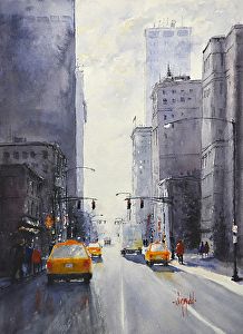 Slim Chance of Rain by Judy Mudd New York Painting Easy, Urban Art Painting, New York Illustration, New York Landscape, 2000s Vibe, New York Painting, Artists Painting, Watercolor Scenery, New York Buildings