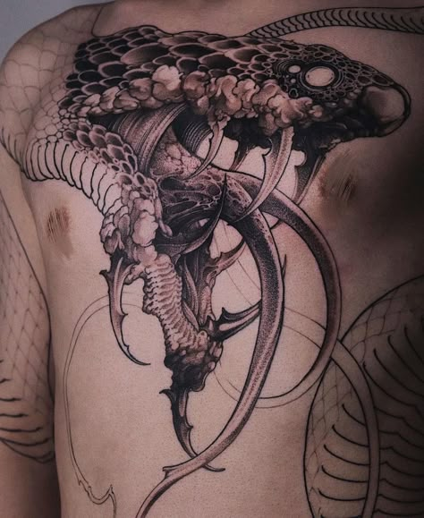 Chest Snake Tattoo, Chest Tattoo Man, Snake Tattoo On Arm, Snake Skeleton Tattoo, Snake Back Tattoo, Black Serpent, Snake Tattoo Ideas, Rip Tattoos For Mom, Japanese Snake Tattoo