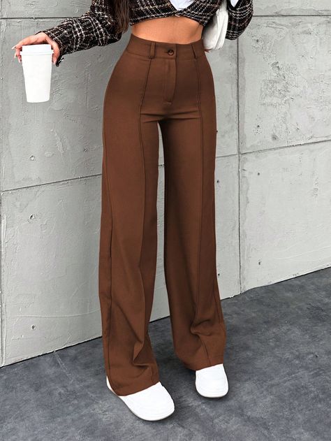 Women's Solid Color Toothpick Striped Design Wide Leg Office Autumn Pants Rust Brown Casual   Woven Fabric Plain Straight Leg Non-Stretch  Women Clothing, size features are:Bust: ,Length: ,Sleeve Length: Brown Pants Outfit Aesthetic, Brown Outfits Aesthetic, Job Outfits, Brown Pants Outfit, Autumn Pants, Fall Pants, Office Outfits Women, Brown Outfit, Brown Pants