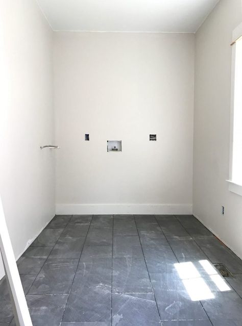 #103: Regrets From Our Beach House Reno | Young House Love Slate Tile Floor Bathroom, Grey Slate Bathroom, Beach House Laundry Room, Dark Floor Bathroom, Dark Grey Tile Bathroom, Dark Tile Bathroom, Slate Bathroom Floor, Slate Bathroom Tile, Dark Tile Floors