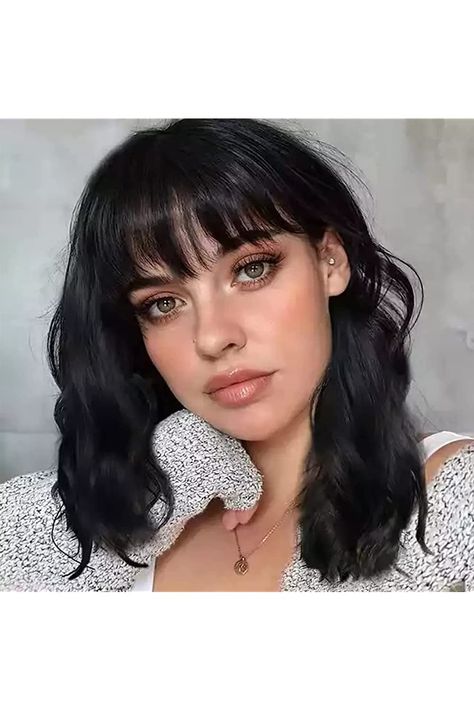 CAIXIU Short Black Wigs For Women Curly Wig With Bangs Synthetic Wig Natural Bob Hair Wavy Shoulder Length Water Wave Wig Closure Colored Wigs (12 INCH) Natural Bob, Short Black Wigs, Bangs Wavy, Bob Wig With Bangs, Curly Bob Wigs, Wig Color, Cosplay Hair, Short Curly Wigs, Wavy Wig