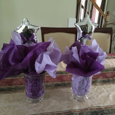 Wednesday Birthday Centerpiece, Purple Birthday Centerpiece Ideas, Selena Quintanilla Centerpieces, 2000s Centerpiece Ideas, Diy Purple Centerpieces, Star Centerpiece Ideas, Y2k Centerpieces, Euphoria Centerpiece Ideas, Purple Centerpieces Birthday