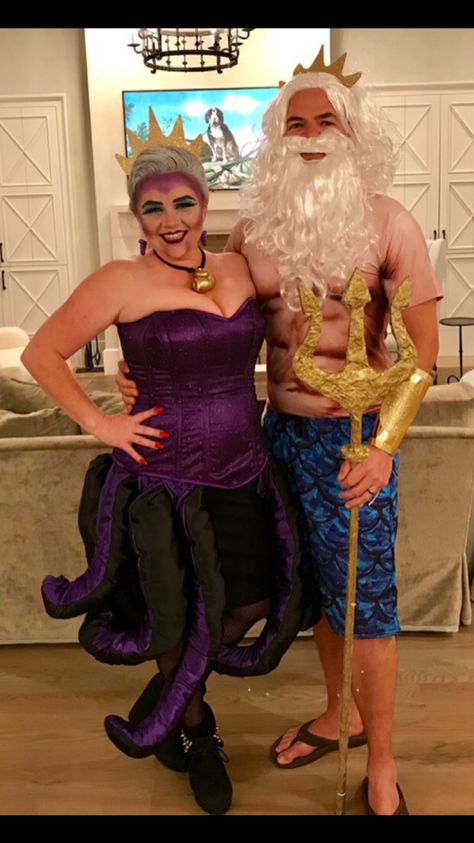 Ursula and King Triton Little Mermaid costume Halloween Ursula Couples Costume, King Triton Costume Men, Triton Costume Men, King Titan Costume Little Mermaid, Adult Little Mermaid Costume, King Triton Costume Diy, King Triton Little Mermaid, Triton Costume, King Triton Costume