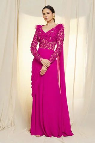 Draped Saree Gown, Pink Georgette Saree, Draping Styles, Saree Gowns, Fashionable Saree, Gown Designs, Draped Saree, Saree Draping, Saree Style