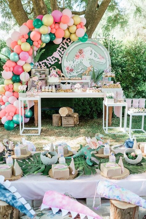 Donut And Dinosaurs Birthday Party, Pink Dinosaur Party, Jurassic Park Birthday Party, Girl Dinosaur Party, Jurassic Park Party, Dinosaur Birthday Theme, Birthday Party At Park, Jurassic Park Birthday, Park Party