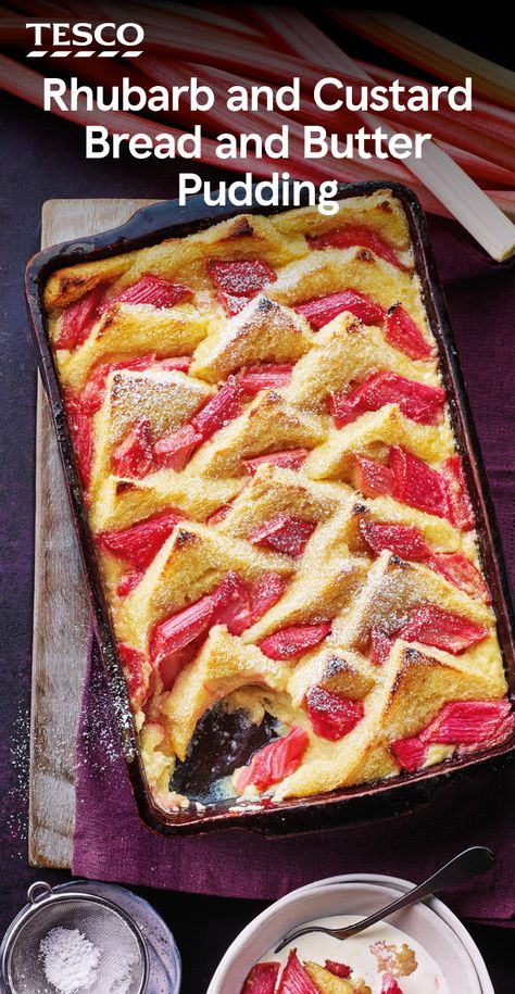 Rhubarb Bread And Butter Pudding, Tesco Recipes, Rhubarb Bread Pudding, August Food, Bread And Butter Pudding Recipe, Custard Bread, Rhubarb Bread, Sweet Custard, Rhubarb Desserts