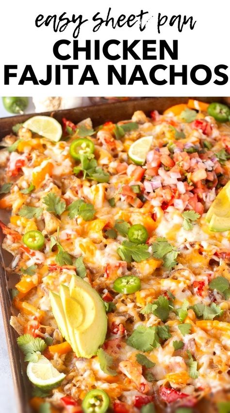 Whip up these irresistible and easy sheet pan chicken fajita nachos! Loaded with cheesy goodness and simple chopped toppings, they're perfect for a quick homemade dinner or party snack. This tasty recipe combines flavorful chicken fajitas with the convenience of sheet pan baking for the best oven-baked nachos. Find other easy gluten free recipes at hotpankitchen.com! Fajita Nachos Recipe, Chicken Fajita Nachos, Fajita Nachos, Easy Sheet Pan Chicken, Nachos Loaded, Easy Gluten Free Recipes, Loaded Chicken, Sautéed Onions, Sheet Pan Chicken