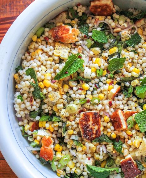 Pearl Couscous Pine Nut and Halloumi Salad - bon abbetit Pearl Couscous Recipes, Burrata Toast, Cooking Halloumi, Things To Cook, Ultimate Grilled Cheese, Corn Nut, Yes And Yes, Halloumi Salad, Pearl Couscous