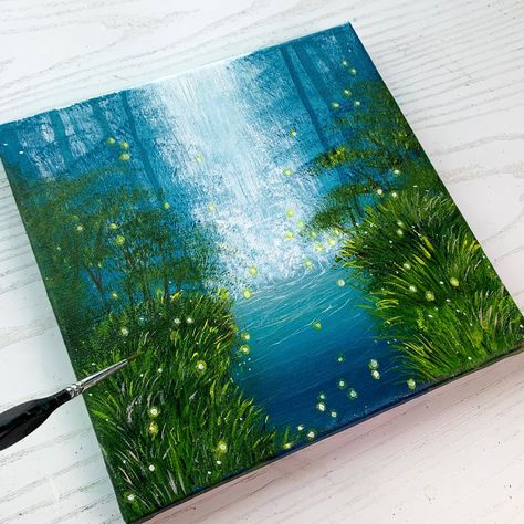 Acrylic painting tutorial of fireflies in dreamy forest Fireflies Acrylic Painting, Mini Forest Painting, Fantasy Forest Painting, Enchanted Forest Painting, Firefly Forest, Firefly Painting, Dreamy Forest, Fairy Paintings, Fantasy Forest