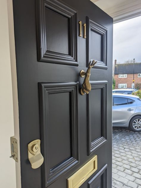 How to Paint Your Front Door Farrow And Ball Off Black Front Door, Espresso Front Door, Black Front Door With Brass Hardware, Black Gloss Front Door, Dark Grey Front Door Exterior, High Gloss Black Front Door, Best Black For Front Door, Door Color On Black House, How To Paint Front Door Black