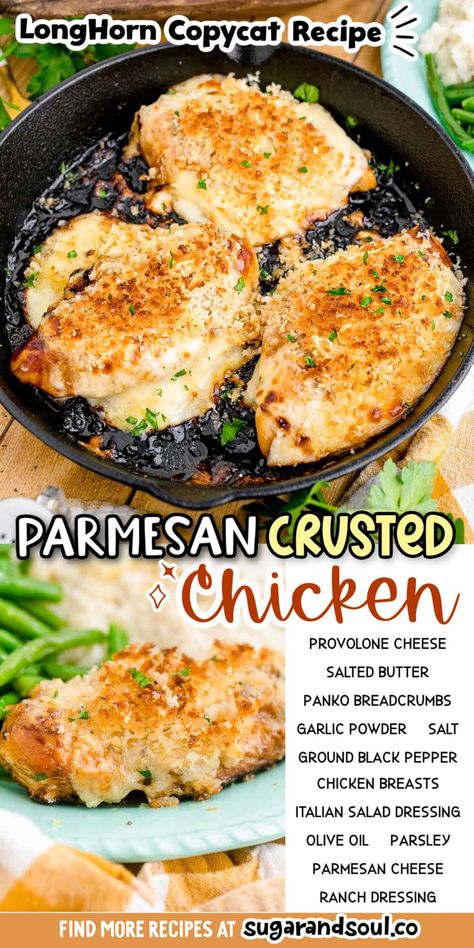 Parmasean Cheese Recipes, Chicken With Provolone Cheese, Longhorn Copycat Recipes, Provolone Cheese Recipes, Longhorn Parmesan Crusted Chicken, Crusted Chicken Breast, Crusted Chicken Recipes, Big Dinner, Longhorn Steakhouse