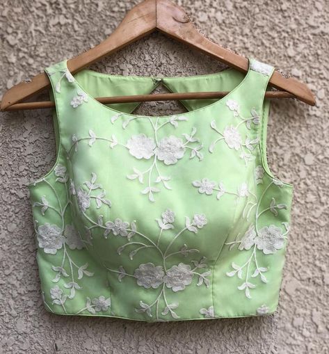 Pistachio Green Threadwork Blouse Boatneck Blouse Designs Latest, Threadwork Blouse, Painted Blouse, Saree Jacket Designs, Choli Design, Handwork Blouse, Sleeveless Blouse Designs, Saree Jackets, Blouse Tops Designs