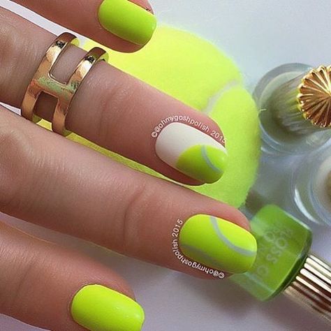 Tennis nails! 🎾🎾Cred: @ohmygoshpolish #tennis #tennisnails Glitter Nail Paint, Sports Nails, Nail Color Trends, Gel Powder, Australian Open, Nail Paint, Beauty Bar, Diy Nails, Christmas Nails