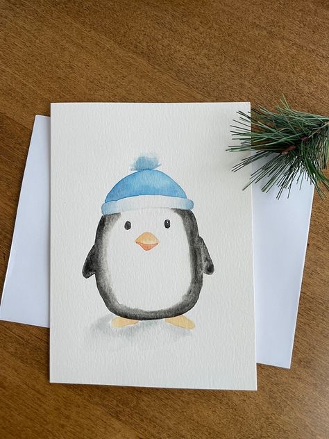 Adorable Winter Penguin Watercolor Card 5x7 Blank, Hand Painted Holiday & Christmas Card With White Envelope - Etsy Canada Christmas Cards Aquarel, Diy Christmas Cards Watercolor, Easy Christmas Watercolor, Watercolor Art Christmas, Basket Bottoms, 2024 Ornaments, Christmas Card Watercolor, Hand Painted Christmas Cards, Water Paints