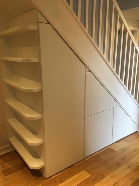 Under stair storage solutions with open end shelf arrangement UK Under Stairs Space, Under Stairs Storage Ideas, Stairs Storage Ideas, Under Stairs Pantry, Understair Storage, Under Stair Storage, Under Stairs Storage Solutions, Closet Under Stairs, Stair Shelves