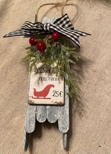 Sled Ornaments Diy, Farmhouse Christmas Ornaments Diy, Jenga Ornaments, 2024 Ornaments, Sled Decor, Winter Wreath Diy, Dollar Tree Christmas Decor, Farmhouse Christmas Ornaments, Wooden Christmas Crafts