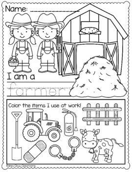 Let's talk about community helpers! Practice tracing the name of this community helper as well as naming some of the items they use at work to help their communities. For more community helpers activities, check out the bundle here: https://www.teacherspayteachers.com/Product/Community-Helpers-Bundle-6654470 Community Helpers Prek Crafts, Farmer Community Helper, Community Helpers Coloring Pages, Farmer Craft, Community Helpers Preschool Crafts, Preschool Social Studies, Community Helpers Activities, Community Helpers Preschool Activities, Community Helpers Worksheets