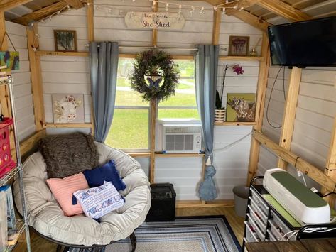 She Shed Decorating Ideas Interiors, Backyard Hideout, She Shed Ideas Interior Small Spaces, Shed Makeover Interior, Small Shed Ideas Hangout, Small She Shed Interiors, Inside She Shed Ideas, Shed Hangout Ideas, Magical Knots