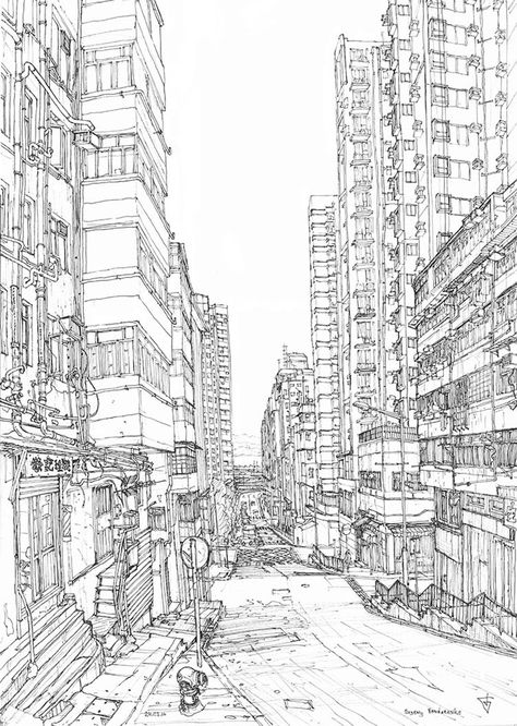 Hong Kong. Western St | Evgeny Bondarenko on Patreon Perspective Building Drawing, Cityscape Drawing, Perspective Drawing Architecture, City Sketch, Perspective Drawing Lessons, Concept Art Tutorial, Building Drawing, Architecture Design Drawing, City Drawing