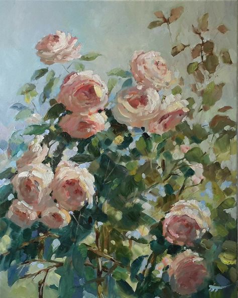 Rococo Flowers Painting, Rose Garden Oil Painting, Vintage Flower Painting Acrylic, Oil Pastels Flowers, Impressionist Roses, Flower Oil Pastel, Rococo Paintings, Oil Pastel Flowers, Rococo Painting