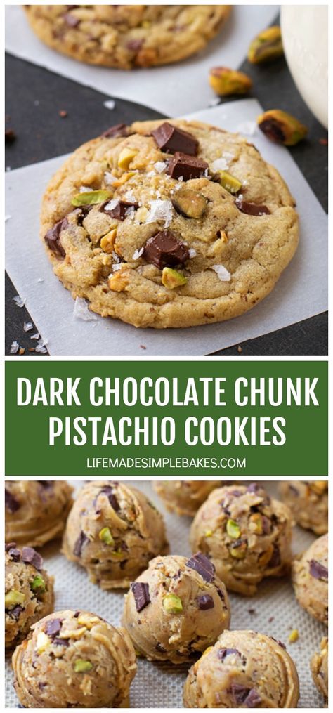 Crisp, chewy dark chocolate chunk pistachio cookies packed with vanilla bean, browned butter, and topped with flecks of sea salt. Basically the best cookies ever! #darkchocolatechunkpistachiocookies #darkchocolatechunkcookies #pistachiocookies #chocolatepistachiocookies #homemadecookies Sea Salt Dark Chocolate Pistachio Cookies, Dark Chocolate Pistachio Sea Salt Cookies, Sea Salt Pistachio Dark Chocolate Chip Cookies, Brown Butter Pistachio Chocolate Chip Cookies, Life Made Simple, Pistachio Butter, Pistachio Cookies, The Best Cookies, Gf Baking