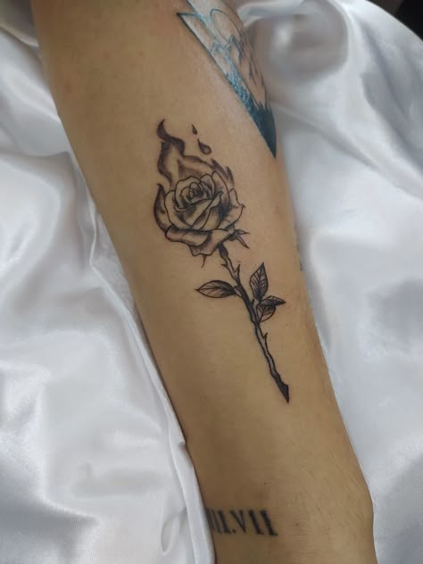 Rose On Fire Tattoo, On Fire Tattoo, Rose On Fire, Butterfly Tattoos Images, Rose Tattoos For Men, Small Rose Tattoo, Pretty Hand Tattoos, Bottle Tattoo, Flame Tattoos