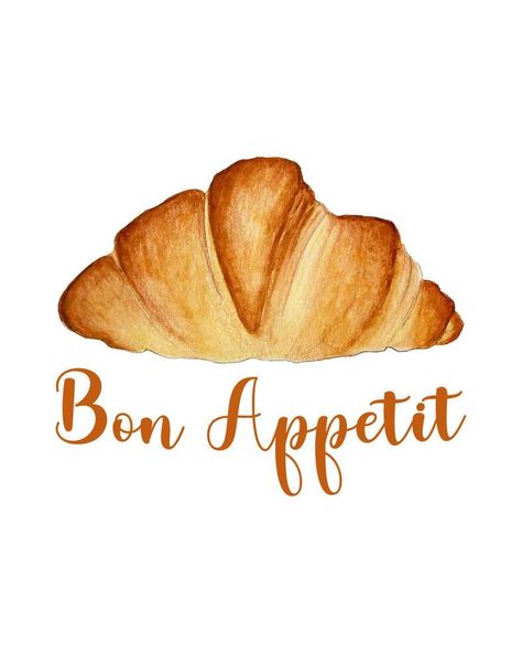 Bon Appetit and Croissant watercolor, hand drawn sketch. Crossaint Drawing, Croissant Sketch, Croissant Watercolor, Croissant Drawing, Paris Postcard, Interior Design Plan, Felt Crafts Diy, Pottery Painting Designs, Felt Food