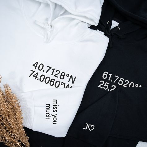 Custom Embroidered Location Coordinates Hoodie, Long Distance Couple Personalized Hoodie Initial on Sleeve, Long Distance Relationship Gifts Hoodie, Sweatshirt Cute and Creative Designs: Exquisite and lovely patterns, special elements make the perfect designs. The people who wear them will be proud. At the same time, they also show the love for family. Suitable for many occasions such as Christmas, Father's Day, Mother's Day, birthday This classic crew-neck sweatshirt is an essential basic item Long Distance Couple, Distance Couple, Distance Relationship Gifts, Long Distance Relationship Gifts, Relationship Gifts, Couples Hoodies, Distance Relationship, Personalized Hoodies, Personalized Couple