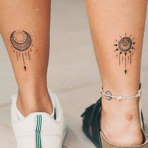 37 Extraordinary Female Calf Tattoos To Make You Jump Up With Joy calf tattoos,female tattoo,tattoo for women,tattoo trends,esthetic tattoo,ordinary tattoo Tato Geometris, Tattoo Placements, Matching Best Friend Tattoos, Couple Matching Tattoo, Couple Tattoos Unique, Sun And Moon Tattoo, Moon Tattoo Designs, Inspiration Tattoos, Tattoos Geometric