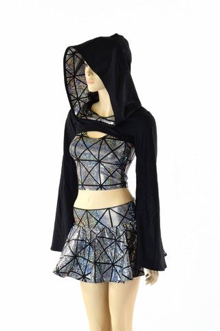 3PC Black & Silver Bolero Set Coachella Fashion Outfits, Wrestling Attire, Hooded Kimono, Raver Outfits, Rave Skirt, Rave Fit, Sleeve Bolero, Bolero Top, Tutu Ballet