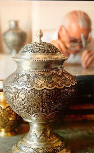 The blurred container in the back creates an invisible line to the central focus of the container while the negative space is nicely filled with a man writing. #APphoto Iranian Glass Art, Jolfa Iran, Anzali Iran, Ancient Pottery Iran, Persian Miniature Behzad, Western Asia, Ancient Persia, Iranian Art, Persian Culture