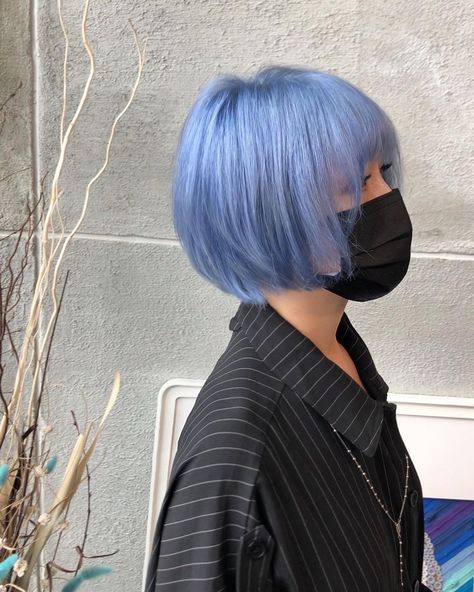 Grey Blue Hair Color Short, Short Hair Pastel Color, Short Pastel Blue Hair, Muted Blue Hair, Baby Blue Hair Color, Light Blue Short Hair, Blue And Grey Hair, Short Light Blue Hair, Indigo Blue Hair