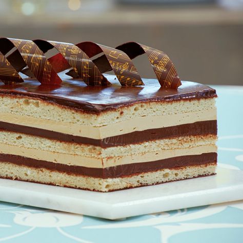 Paul Hollywood’s Opera Cake - The Great British Bake Off Paul Hollywood Recipes Desserts, French Opera Cake, Great British Bake Off Recipes, Opera Cake Recipe, Gbbo Recipes, Paul Hollywood Recipes, British Bake Off Recipes, Heart Desserts, French Buttercream