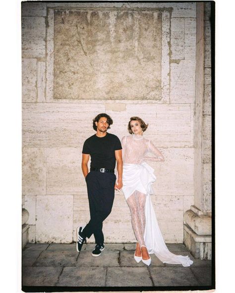 Wedding Dress With Tights, Cool Engagement Photos Unique, Anti Bride Wedding, Fiance Outfit, Tights Top, Balloon Sleeves Dress, Wedding Bodysuit, 2024 Wedding Trends, Edgy Bridal