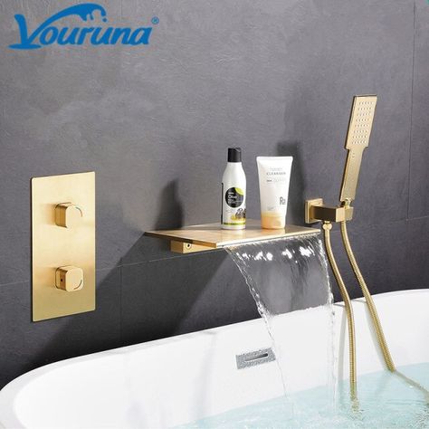 VOURUNA Wall Mounted Waterfall Bathtub Faucet Bath Filler Shower Mixer Tap Spout with Hand Shower Black/Brushed Golden/Chrome _ - AliExpress Mobile Waterfall Tub Faucet, Wall Mounted Bath Taps, Wall Mount Tub Faucet, Bathtub Filler, Wall Faucet, Metal Tub, Freestanding Tub Filler, Roman Tub Faucets, Waterfall Wall