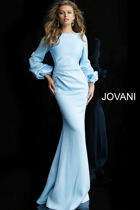 jovani Light Blue Long Sleeve Ruched Waist Evening Dress 63447 Long Sleeved Formal Gown, Winter Gowns Formal Long Sleeve, Spring Gowns Evening, Long Sleeve Long Dress Formal, Elegant Long Sleeve Formal Dress, Long Sleeve Floor Length Dress, Long Sleeve Formal Gown, Chic Long Dress, Jovani Gown