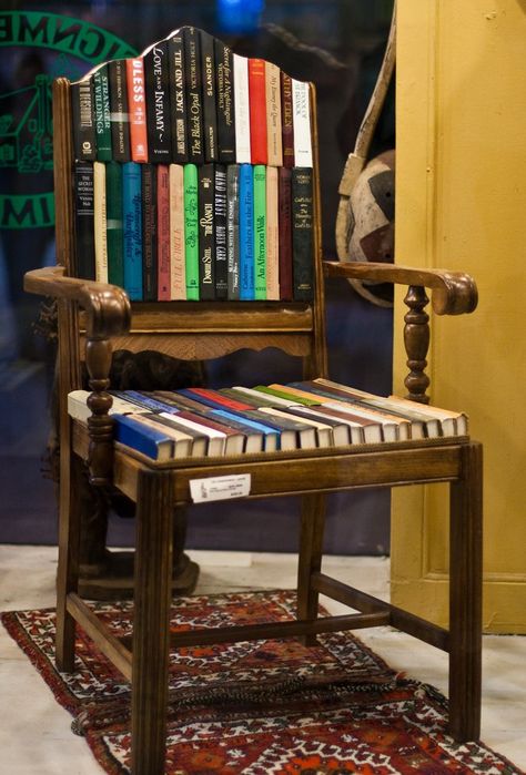 Awesome Bookish Chairs - BOOK RIOT Koti Diy, Recycled Books, Old Chairs, Reading Chair, New Uses, Book Nooks, Old Books, Repurposed Furniture, 인테리어 디자인